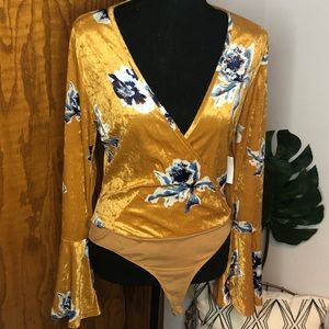 Velvet, mustard, bodysuit with bell sleeves
